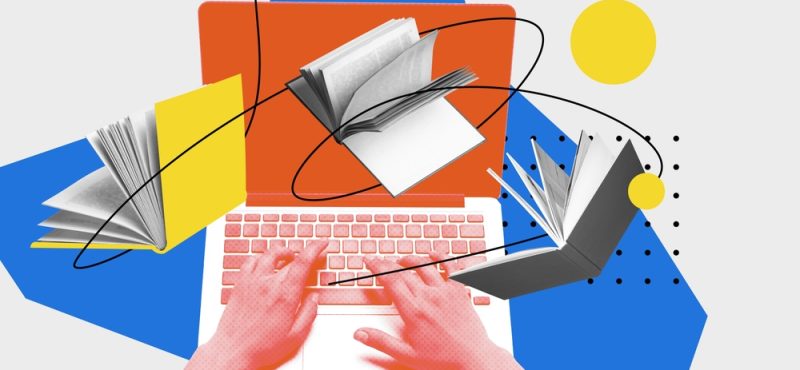 Male hand working, studying online, typing on laptop, preparing for exams with books and internet. Contemporary art collage. Concept of online education, Internet assistance, modern innovations