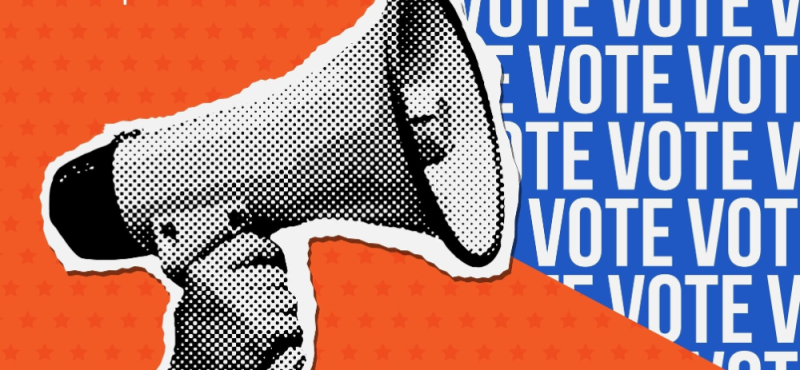 Hand holding a megaphone from which comes title - VOTE. Trendy halftone collage for 2024 politics elections. Vector dotted Cutouts magazines.