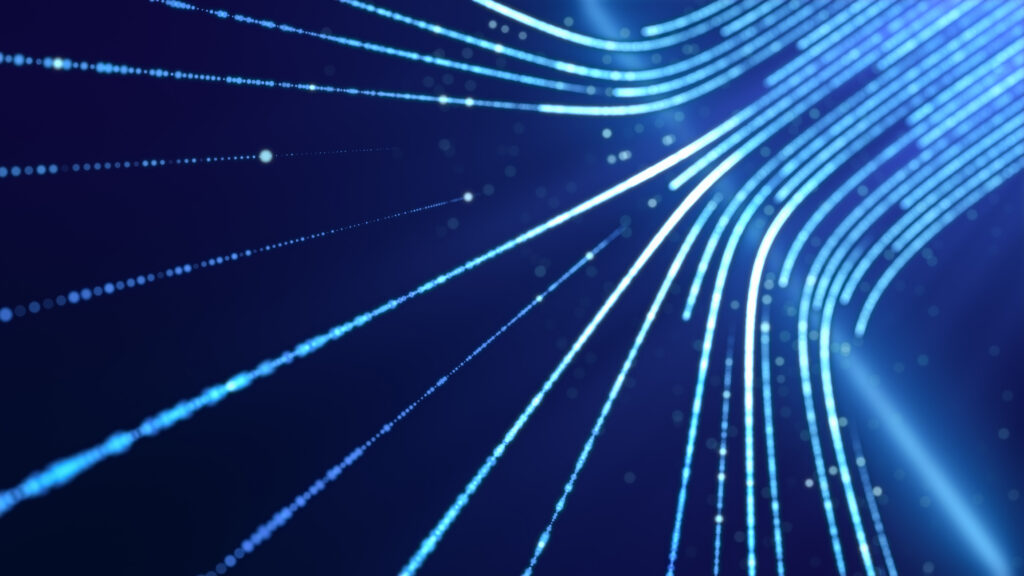 abstract internet data light stripe flowing in cyberspace, network information communication technology concept, neon curve line moving in motion